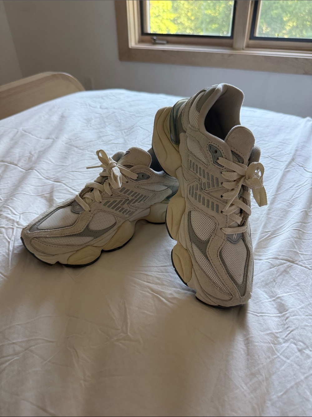 New Balance 9060 Women's Chunky Mesh Sneakers in Cream and Light Blue Accents